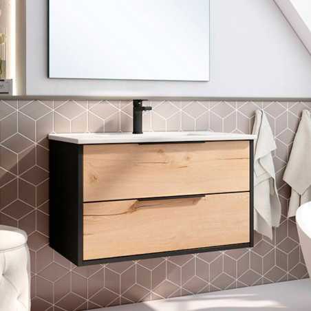 MUEBLE DE BAÑO DUOX 80 SUSPENDIDO NEGRO - ROBLE ESTIPO F46